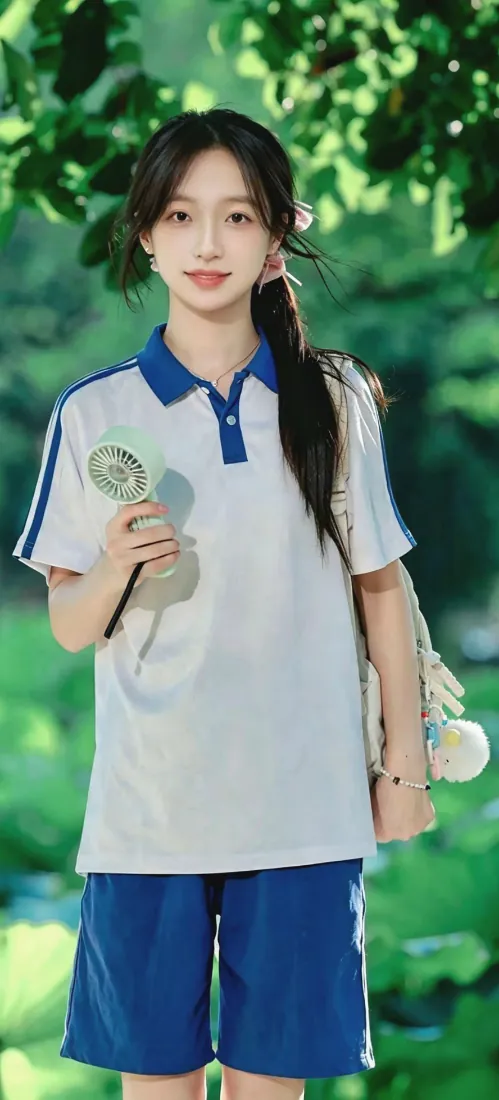 穿蓝白校服的少女手持小风扇站在绿意盎然的户外，清新夏日氛围。