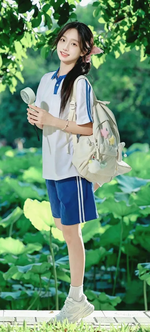 穿蓝白校服的长发少女站在荷塘边，手持风扇背双肩包，背景是翠绿荷叶与树木。