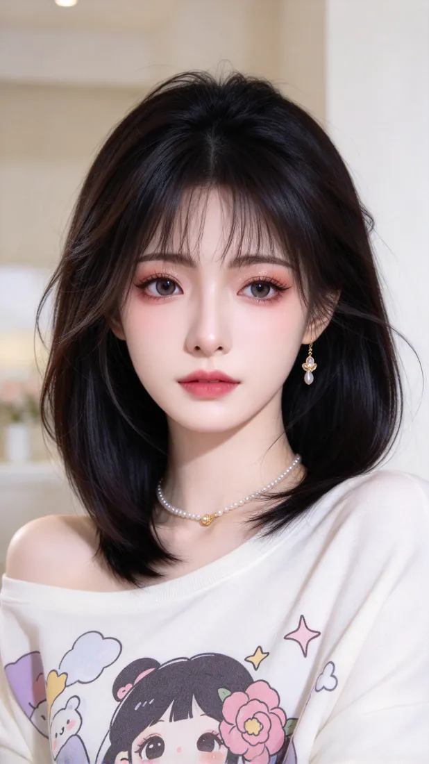 黑发齐肩少女穿露肩卡通印花上衣，佩戴珍珠项链与耳坠，室内近景人像