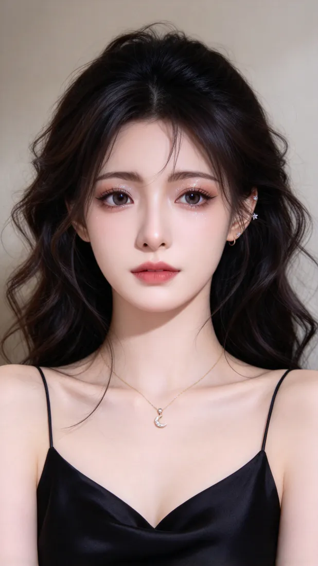 AI生成的黑卷发少女，穿黑色吊带佩戴月牙项链，妆容精致冷白皮。