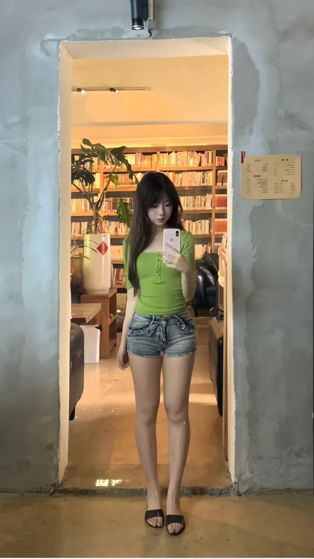 长发女生在镜前自拍，穿绿色方领上衣与牛仔短裤，身后是摆满书籍的书架。