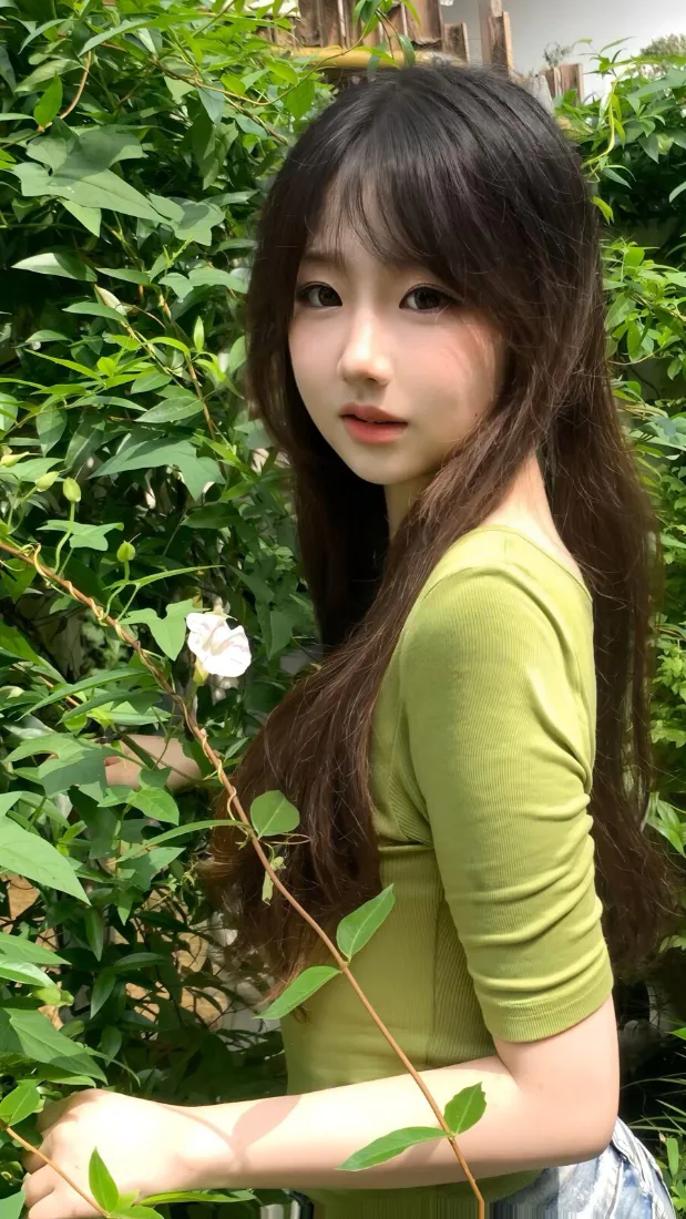 长发少女身着绿色上衣，置身户外绿植丛中，身旁点缀白色小花。