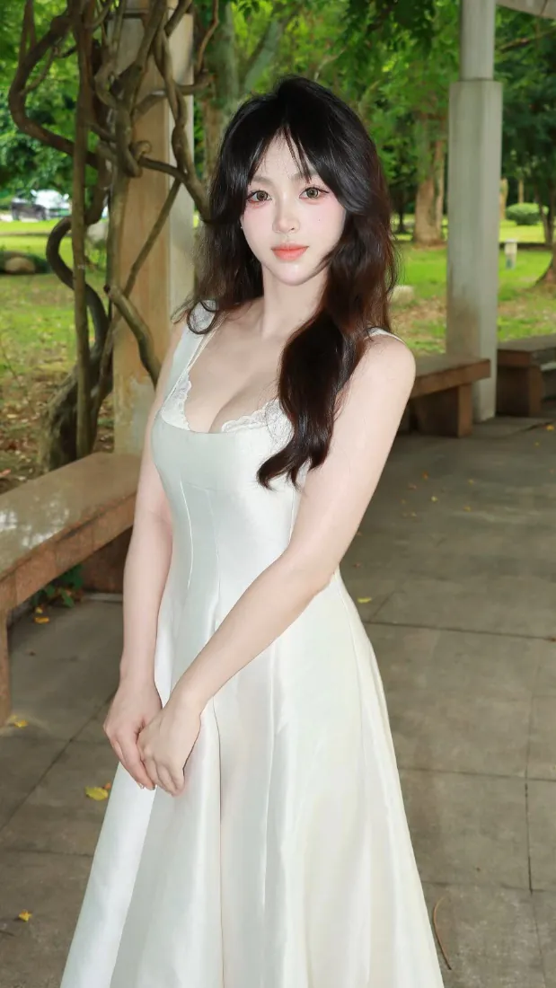 黑长卷发少女身着白色吊带长裙，立于公园廊架下，背景是葱郁绿树与草地。