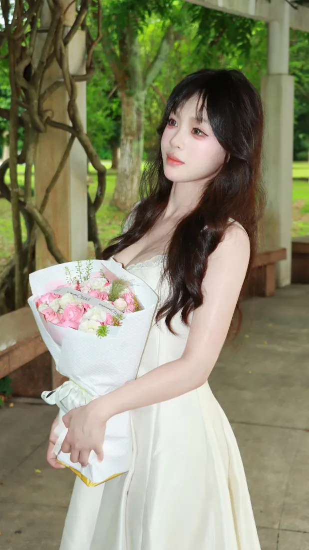 白衣卷发女子在公园凉亭怀抱粉白花束，背景是葱郁绿树草坪。
