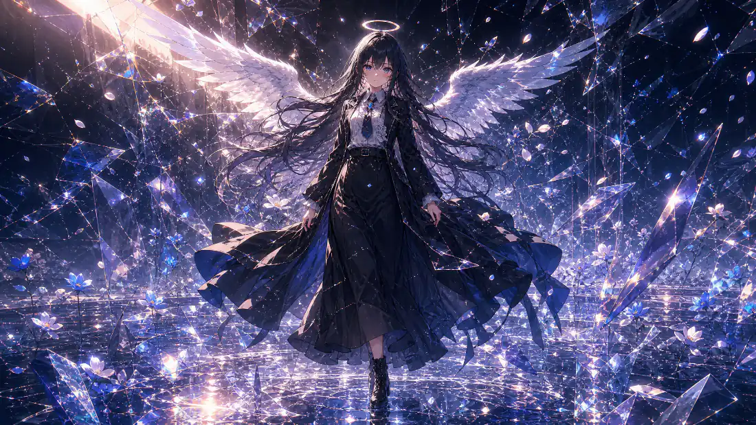黑长直带光环的天使少女立于碎晶星空下，白色羽翼舒展，黑裙随风飘动。