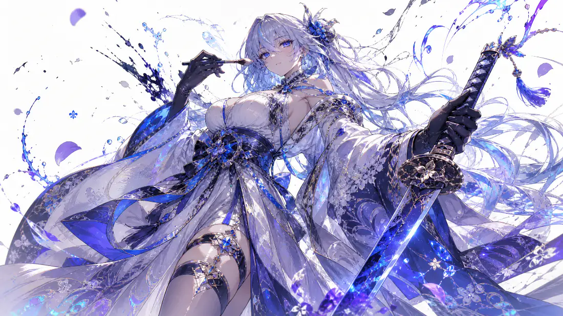 2k二次元紫发女剑士壁纸|蓝白和服持剑少女背景图片 - 梦幻唯美「哲风壁纸」 紫发紫瞳二次元少女身着蓝白和服,手持武士刀,周身环绕蓝紫色花瓣与光效。