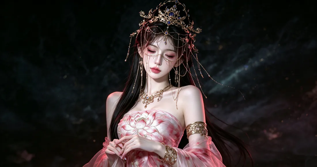 暗黑朦胧背景中，身着粉白抹胸裙、佩戴金饰发冠的古装女子垂眸而立。