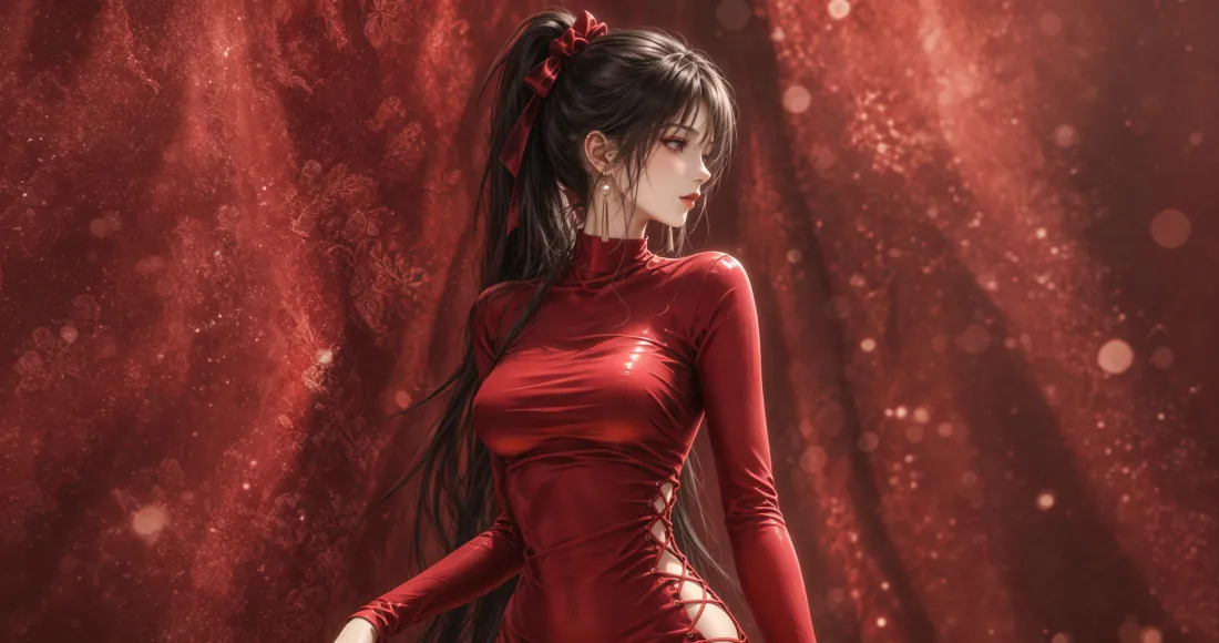 3k红衣马尾少女壁纸|红纱背景下的少女背景图片 - 唯美浪漫「哲风壁纸」 黑发红衣高马尾少女侧身而立,背景为朦胧红纱与光斑