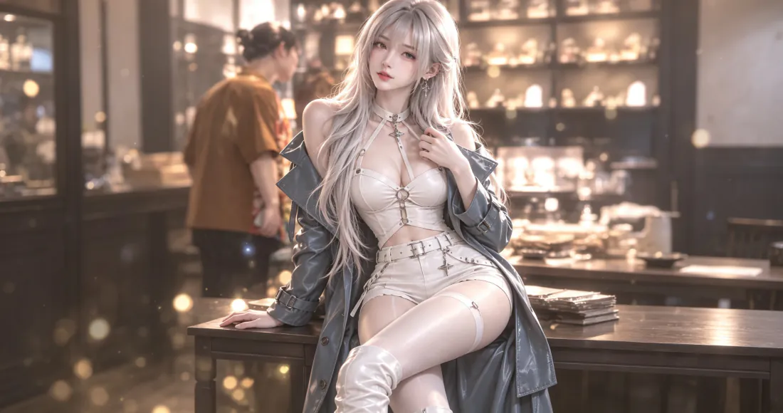 暖光咖啡馆内，银发露肩白丝美女倚靠柜台，背景虚化有其他顾客。