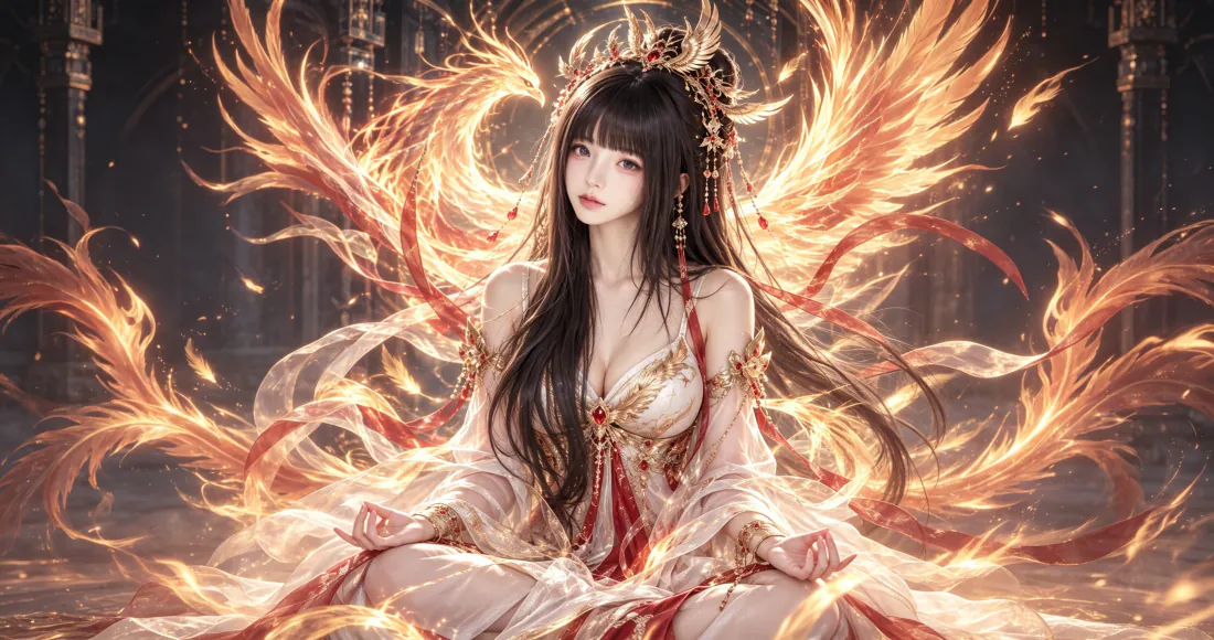 3k凤凰神女壁纸|古风少女火焰羽翼背景图片 - 华丽国风「哲风壁纸」 黑长直古风少女盘坐,身后环绕橙金色火焰凤凰羽翼,暗调背景点缀金色光粒。