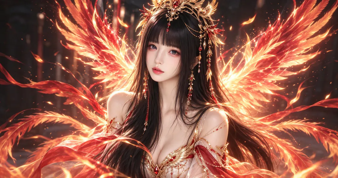 黑发古风少女头戴金饰发冠，身后环绕烈焰凤凰羽翼，背景暗调虚化。