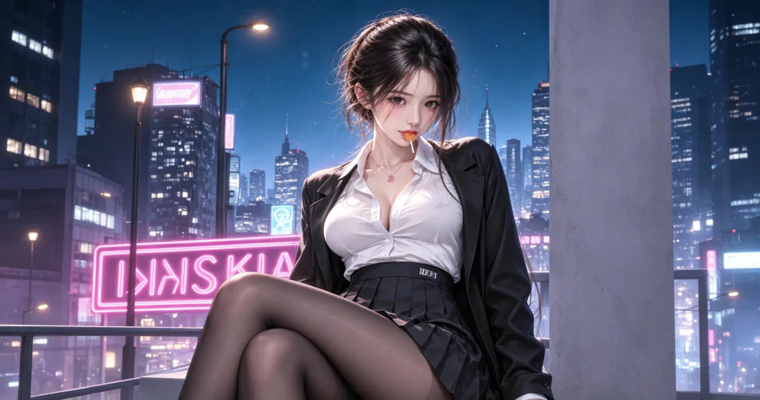 夜晚天台，穿白衬衫黑西装黑丝的OL美女坐姿，背景是霓虹都市夜景