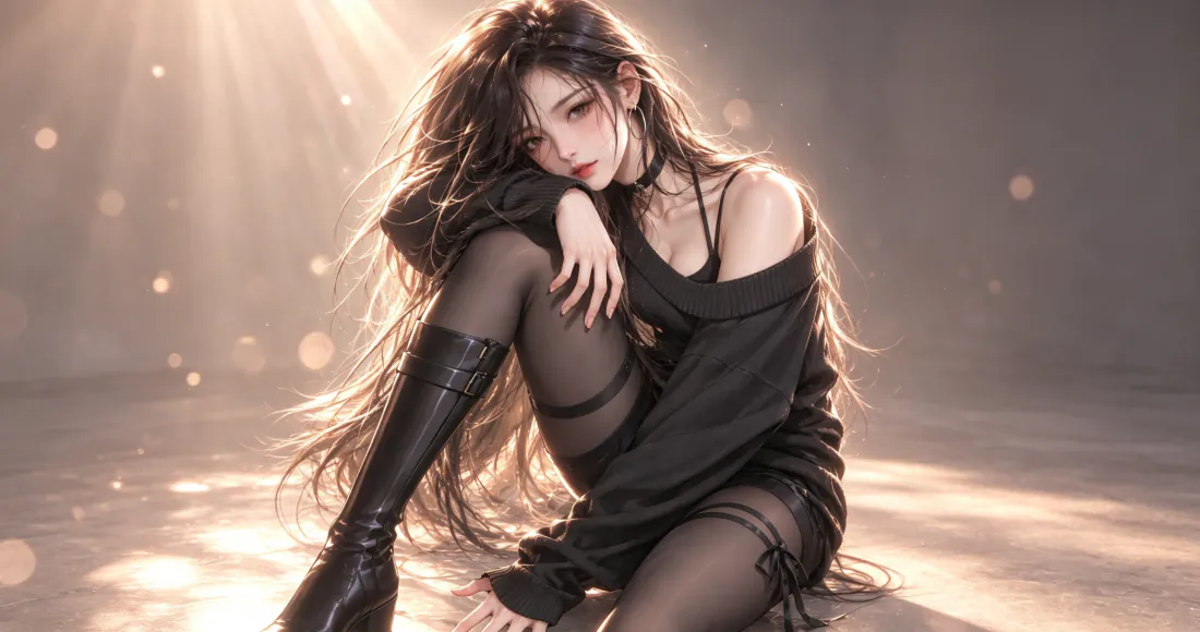 3k黑衣少女壁纸|逆光坐姿长发女生背景图片 - 唯美浪漫「哲风壁纸」 逆光下黑衣黑丝长发少女席地而坐,暖光洒落,氛围柔美浪漫。