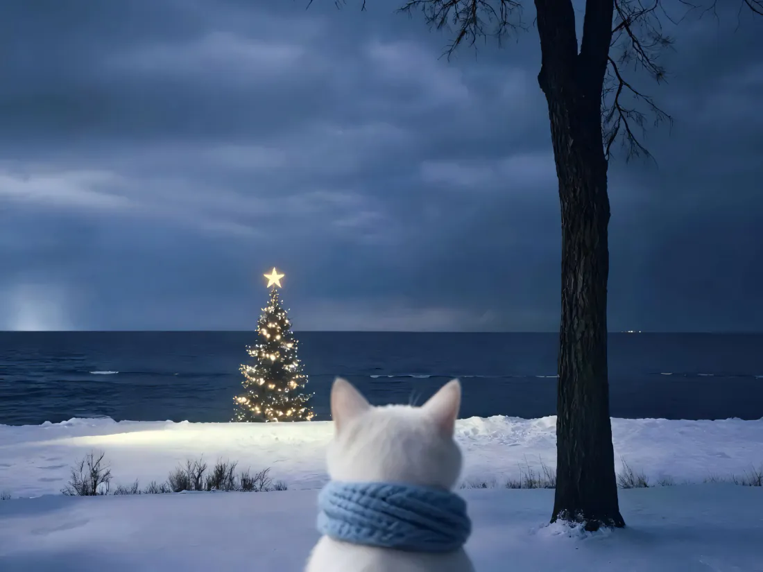 戴蓝色围巾的白色小猫背对镜头，在雪地海边望向亮灯的圣诞树