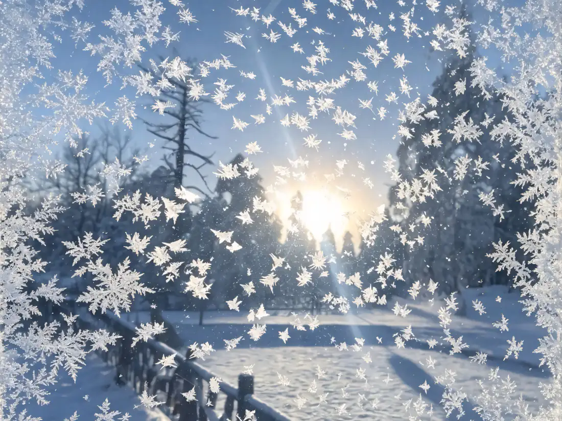 透过结满霜花的玻璃窗，可见冬日积雪松林间的暖阳雪景。