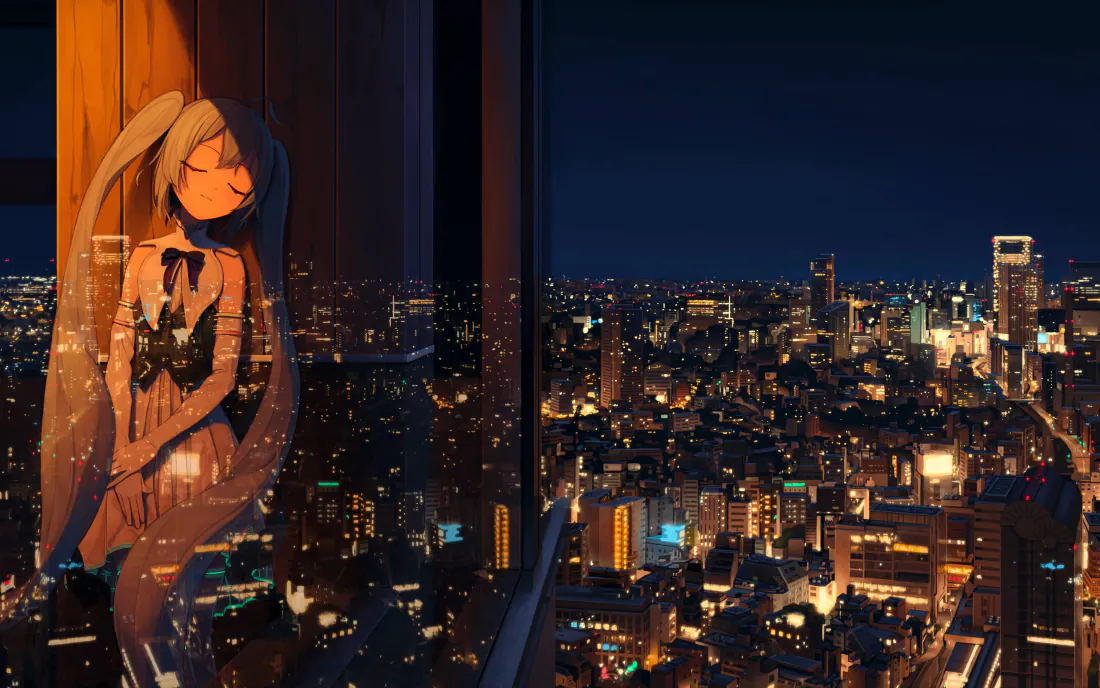 暖光下双马尾少女靠在窗边，玻璃映出璀璨的城市夜景灯火。