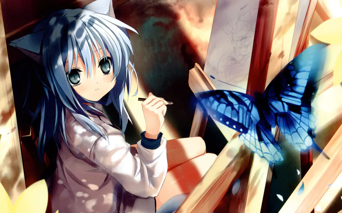 蓝发猫耳少女身着白色卫衣在画室执笔作画，旁侧停着一只蓝色大蝴蝶。