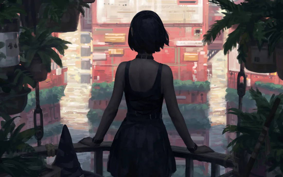 黑衣短发少女背对镜头站在阳台栏杆旁，两侧绿植环绕，望向远处红色都市建筑。