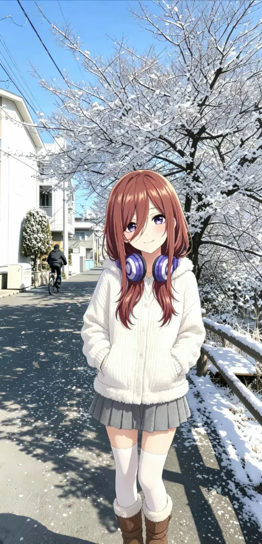 中野三玖站在积雪覆盖的居民区街道上，双手插兜，身后是覆雪树木与蓝天。