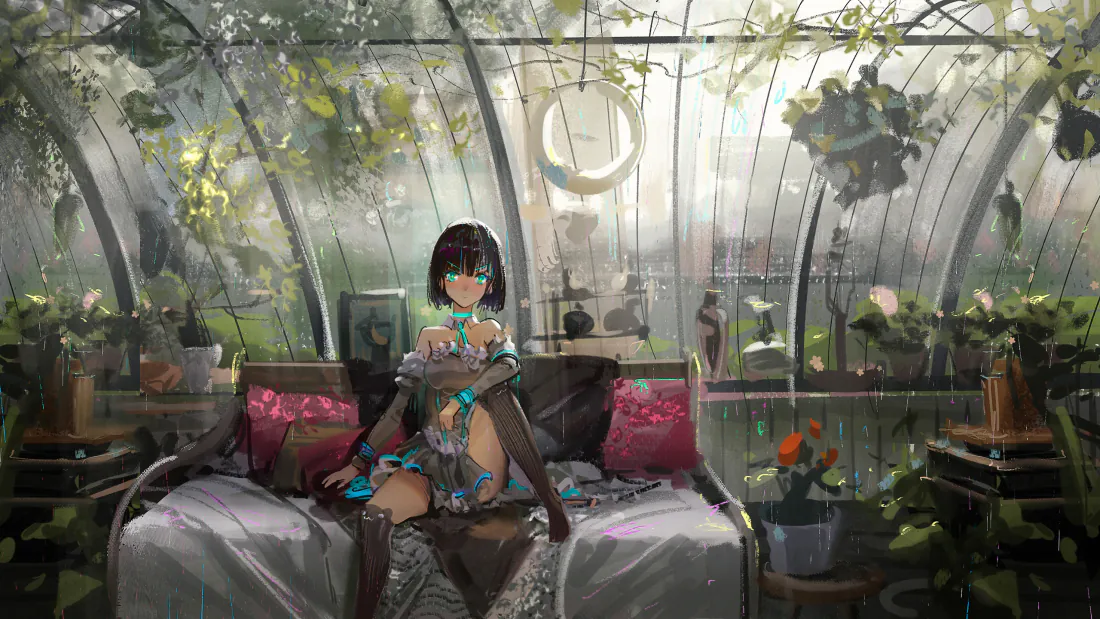 短发少女坐在玻璃温室的沙发上，四周环绕绿植盆栽，雨丝落在玻璃上。