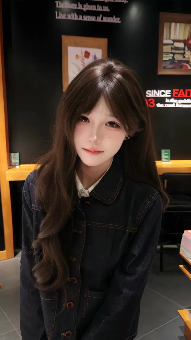 室内黑墙前，留棕色长卷发的女生穿深色牛仔外套正对镜头。