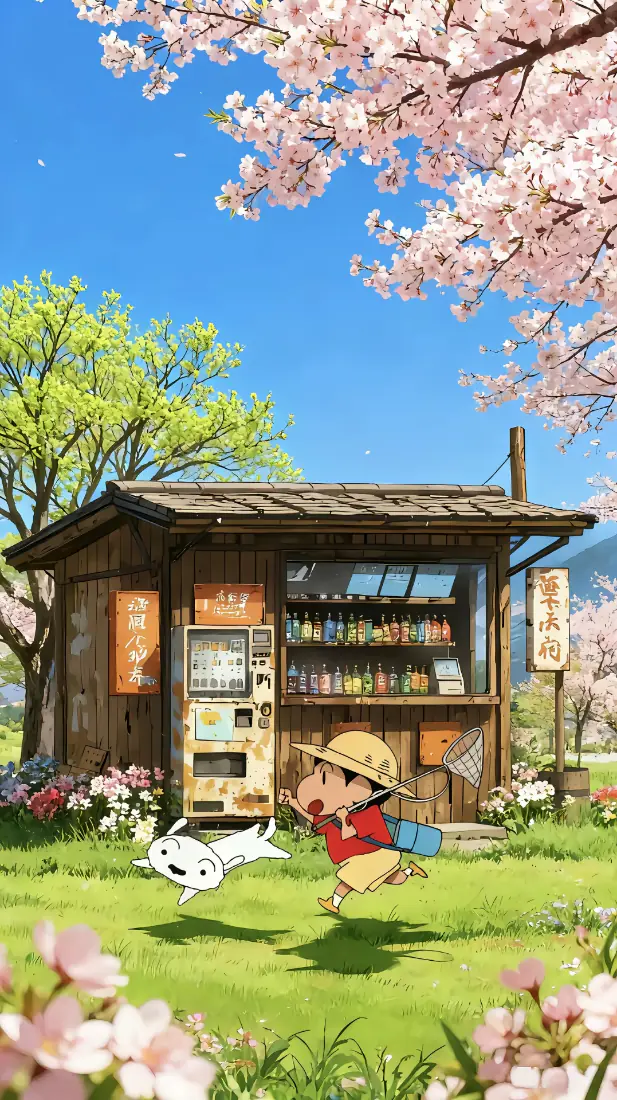 春日樱花下，蜡笔小新与小白在郊野木屋售货机旁的草地上奔跑嬉戏。