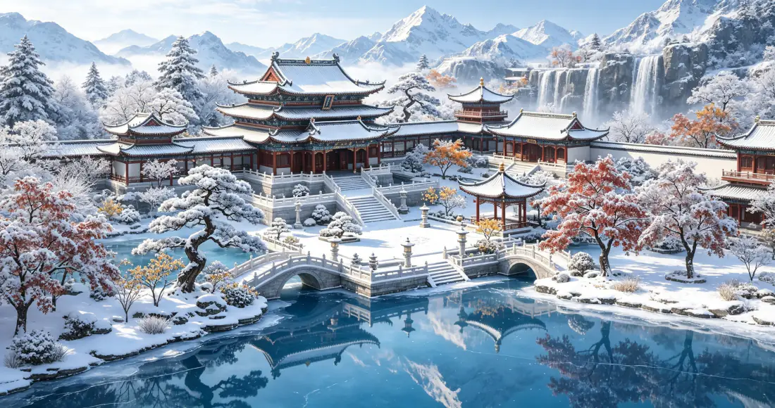 雪后中式古典园林，石拱桥横跨蓝湖，远处雪山瀑布环绕。
