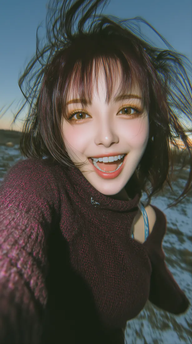 黄昏海边，短发女生穿酒红色毛衣开怀自拍，发丝被风吹起，笑容灿烂。