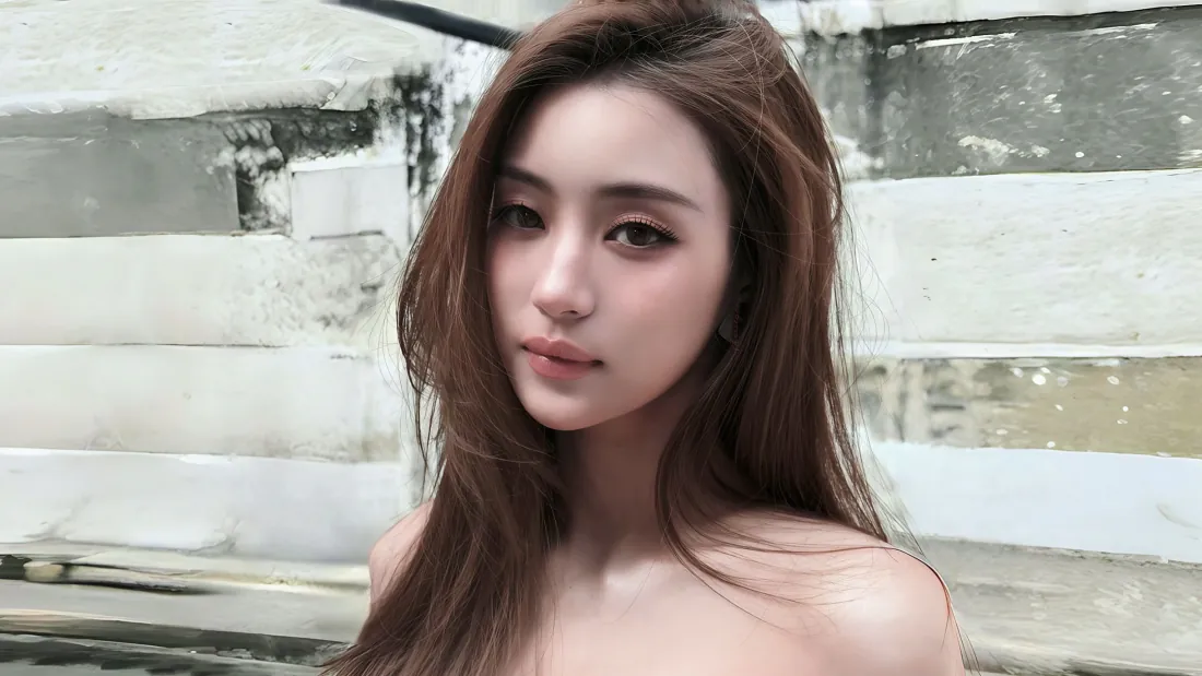 棕发露肩年轻女性近景人像，背景为斑驳灰白条纹墙面