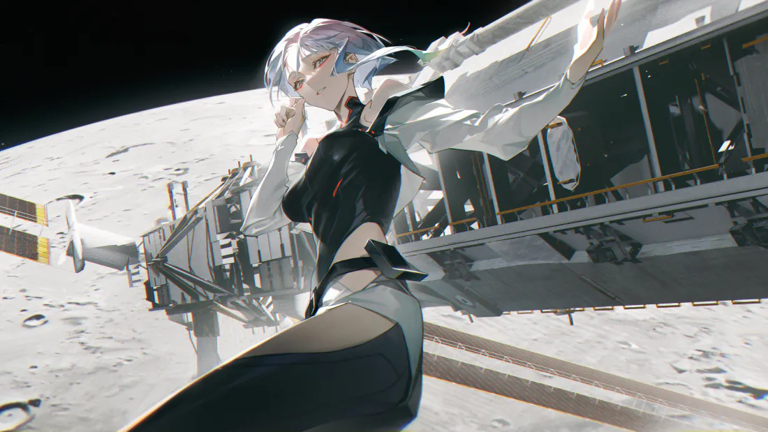 4k露西壁纸|月球空间站少女背景图片 - 科幻二次元「哲风壁纸」 白发二次元少女立于月球表面的空间站旁,背景是黑色太空与月面。