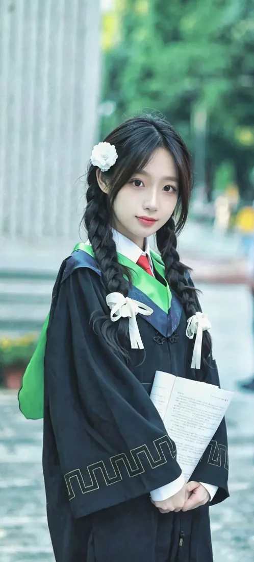 户外校园场景中，梳双麻花辫的清纯女生身着绿领学士服，手持白色证书，背景虚化绿植与立柱。