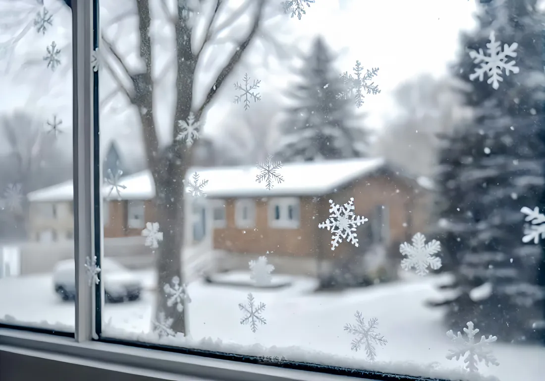5k冬日雪景壁纸|窗内望窗外雪景背景图片 - 静谧冬日氛围「哲风壁纸」 透过贴有雪花装饰的玻璃窗,眺望飘雪覆盖的居民区木屋与林木。