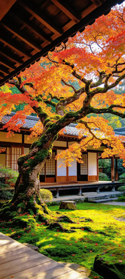日式庭院内，覆满苔藓的红枫古树旁坐落着传统木构建筑，地面铺满鲜绿苔藓。