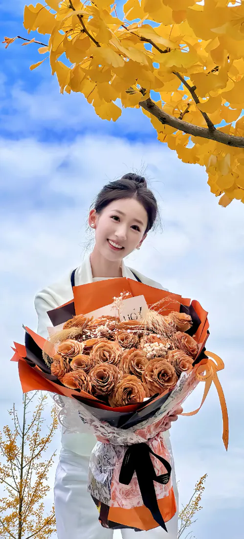 秋日户外，白衣丸子头女子手捧橙色花束微笑，头顶悬着金黄银杏枝叶。