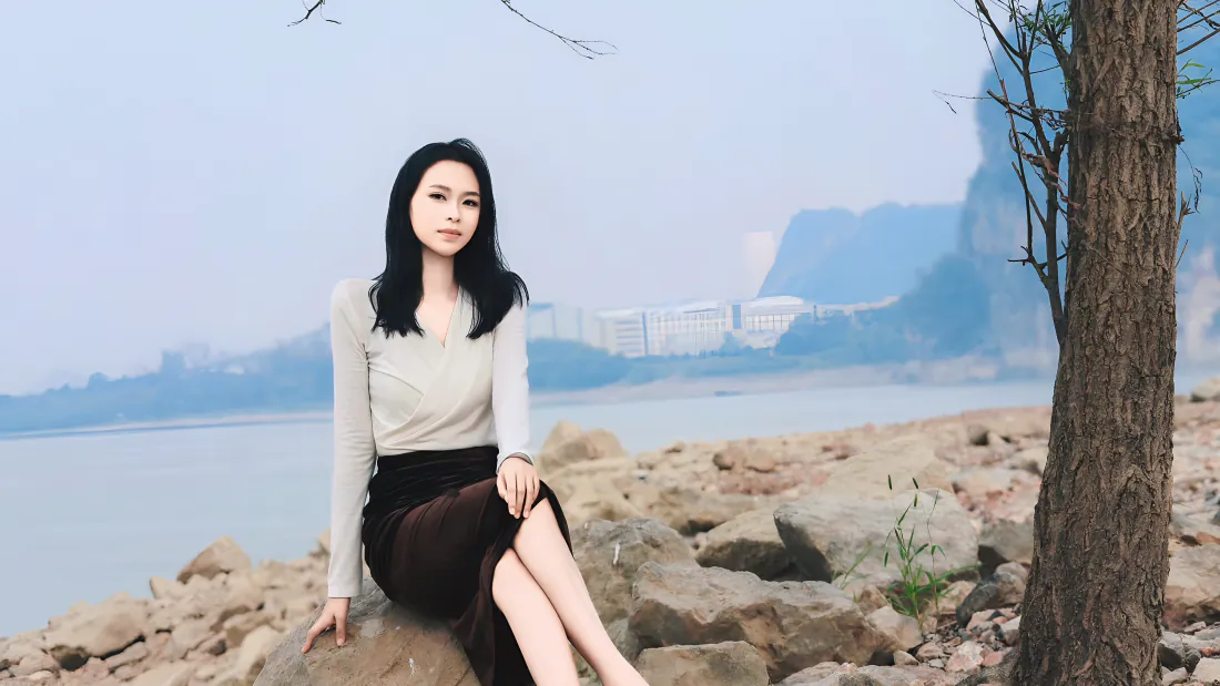 4k美女壁纸|江边礁石上的长发女子背景图片 - 清新淡雅「哲风壁纸」 长发女子坐在江边礁石上,背景是朦胧江面与远山,氛围清新淡雅。