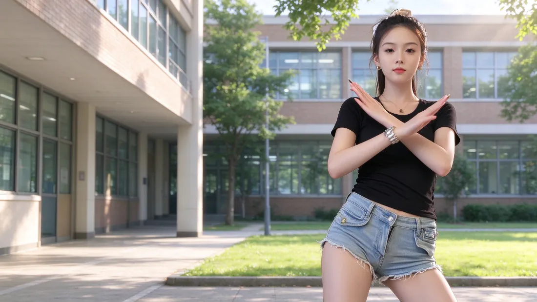2k青春少女壁纸|校园教学楼前背景图片 - 清新活力「哲风壁纸」 白天校园教学楼前,穿黑短袖牛仔短裤的高马尾少女交叉手臂站立。