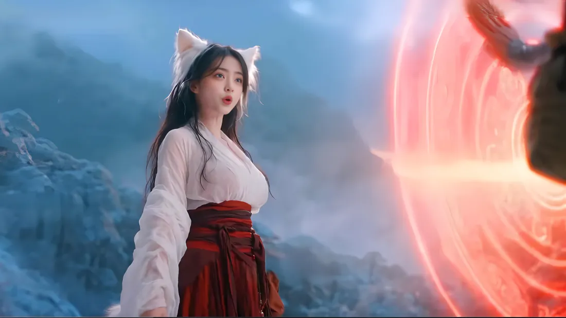 4k狐耳美女壁纸|雪山红衣少女背景图片 - 奇幻仙侠风「哲风壁纸」 戴白色狐耳的少女立于雪山前,右侧有红色发光法阵,仙侠奇幻氛围。
