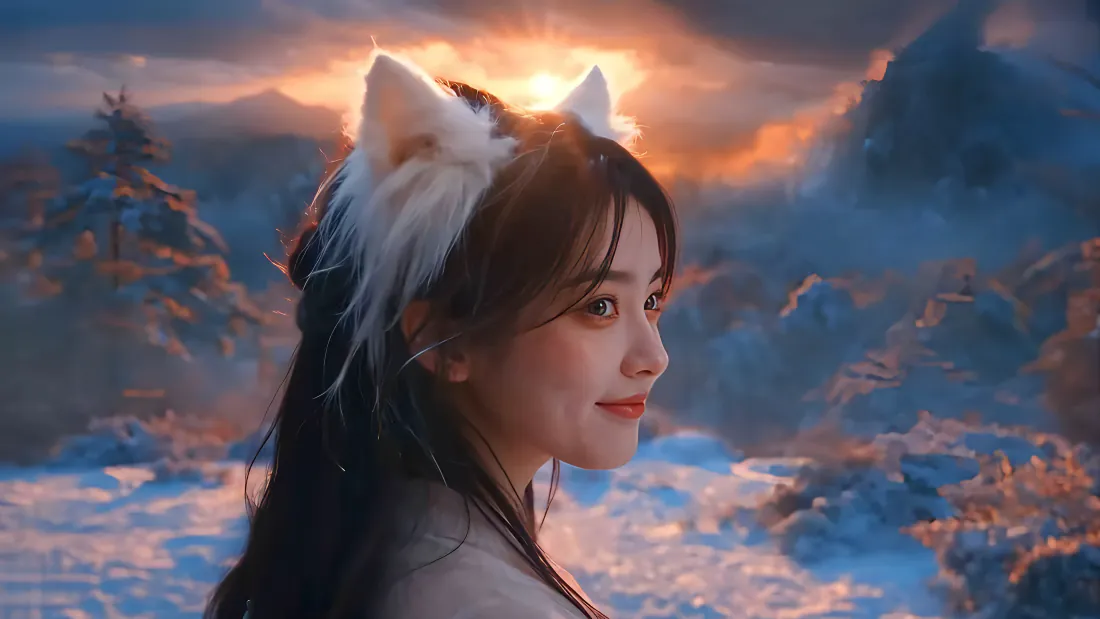 4k美女壁纸|狐耳少女云海日落背景图片 - 梦幻唯美「哲风壁纸」 戴白色狐耳发饰的长发少女侧脸回望,背景是云海日落晚霞与逆光山景。