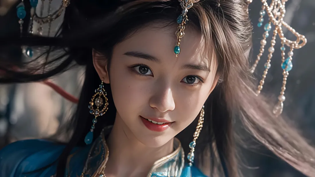 5k古风汉服美女壁纸|蓝衣古装女子特写背景图片 - 唯美仙气「哲风壁纸」 身着蓝色汉服的女子面部特写,佩戴珠翠额饰与耳坠,发丝随风轻扬。