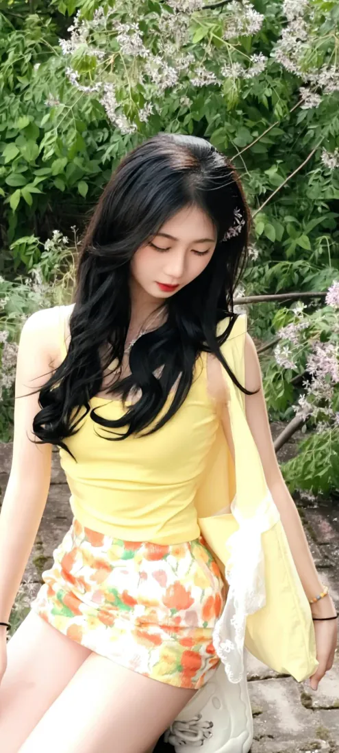 黑长卷发黄衣女子坐于户外绿植花丛旁，低头神态柔和。