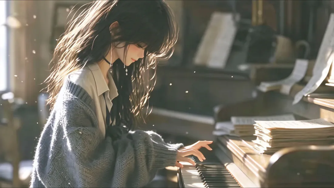 3k弹钢琴少女壁纸|暖光琴房弹奏背景图片 - 治愈温馨「哲风壁纸」 暖光洒落的琴房里,长发少女低头弹奏钢琴,发丝被逆光勾勒出金边。
