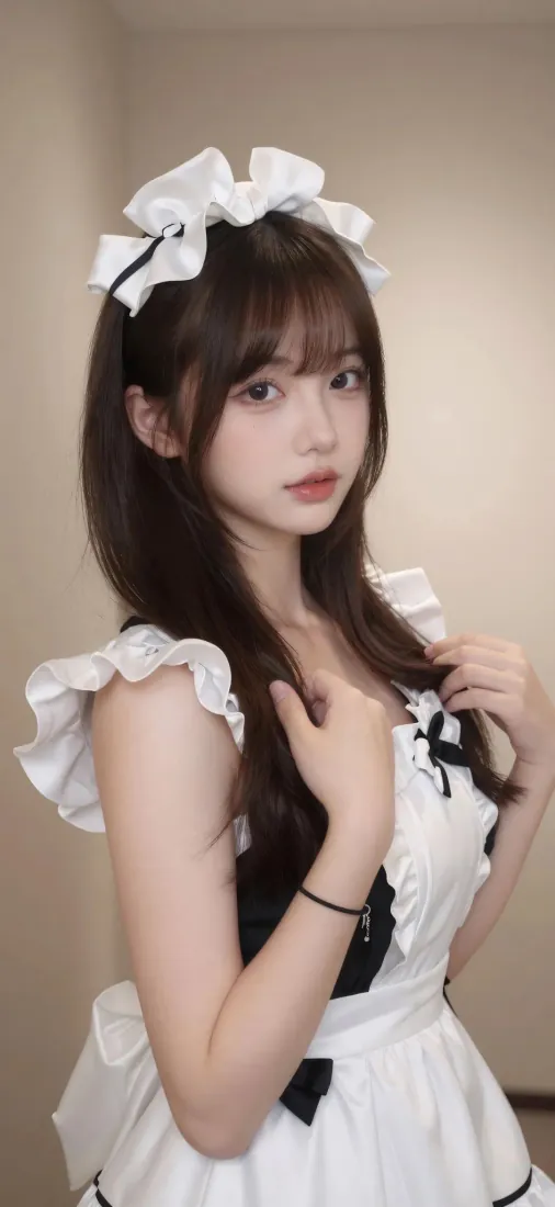 身着黑白女仆装的棕发少女，双手轻撩长发，在素色室内墙前拍摄写真。