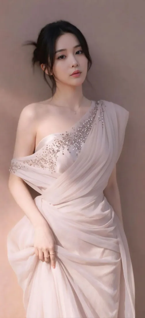 黑发盘发女子身着浅粉色镶钻斜肩礼服，在暖调纯色背景前优雅站立。