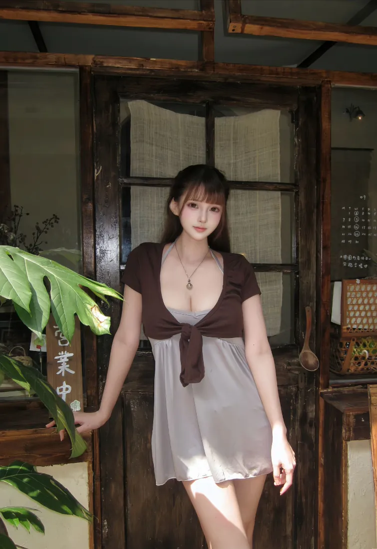 齐刘海年轻女子站在复古小店木门前，身着深棕系带短上衣与浅灰吊带短裙，身旁有绿植。