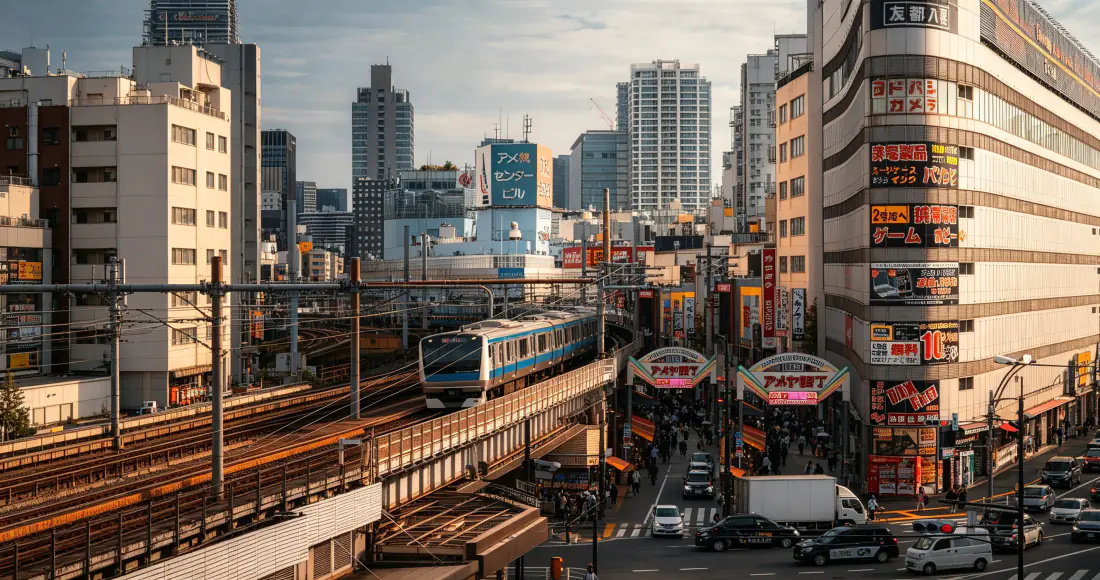 3k东京城市壁纸|高架电车街景背景图片 - 暖调都市风光「哲风壁纸」 黄昏暖光下的东京城市街景,高架轨道上行驶着电车,两侧是密集的城市建筑与商业街。