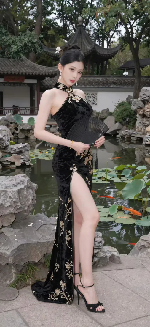 身着黑色刺绣高开叉旗袍的女子立于中式园林池塘边，背景有假山、锦鲤与古建。