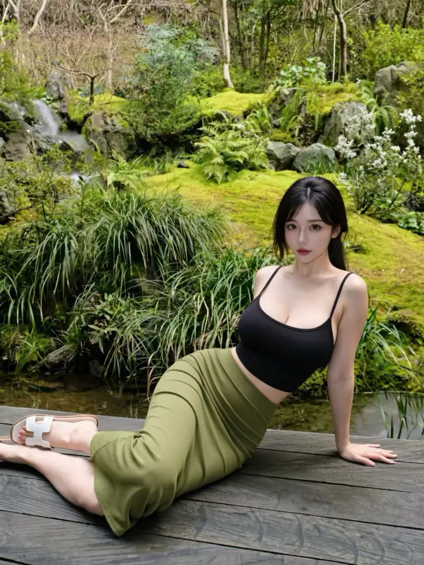 黑发女子穿黑色吊带与绿色长裙，坐于林间木栈道上，背景为苔藓溪流绿植。