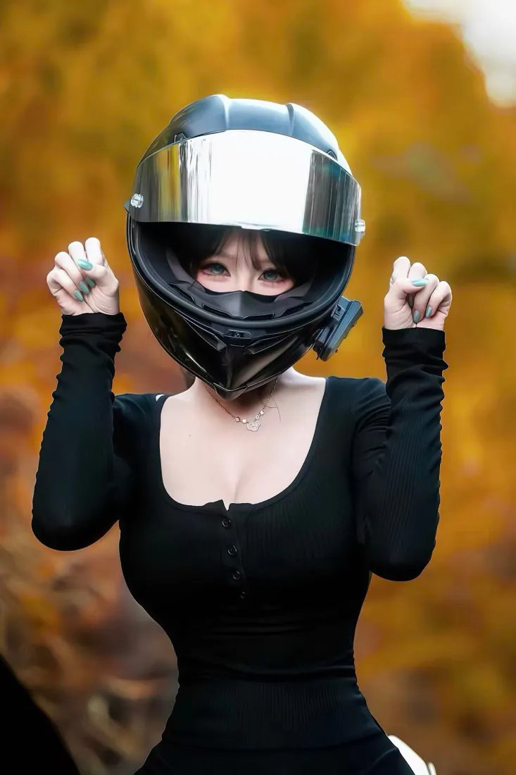 戴黑色机车头盔的黑衣女生，在秋日金黄树林前抬手比出可爱姿势