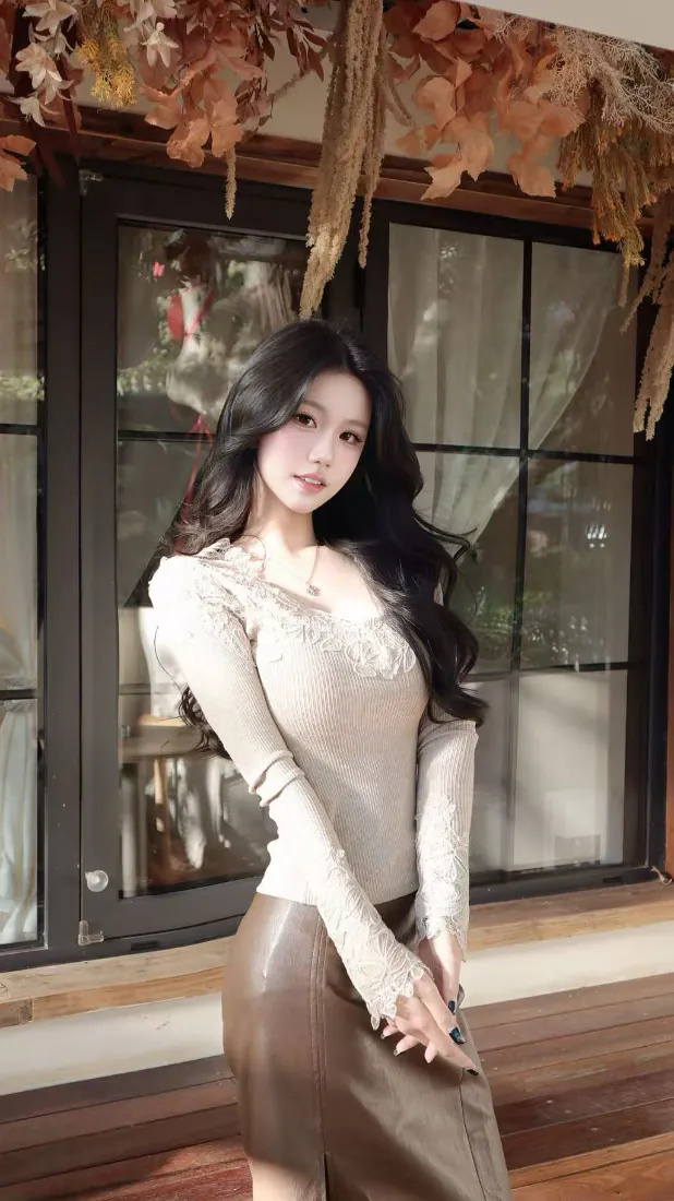 长发女子身着蕾丝上衣与皮裙，立于秋日窗边干花装饰下，气质温柔。