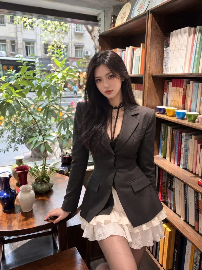 黑长发女子穿深灰收腰西装与白色蛋糕短裙，倚靠在书店窗边木桌旁，身旁有书架与绿植。